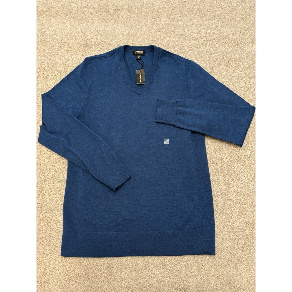 New Express Merino Wool Blend V Neck Long Sleeve Pullover Sweater Blue Size Med
